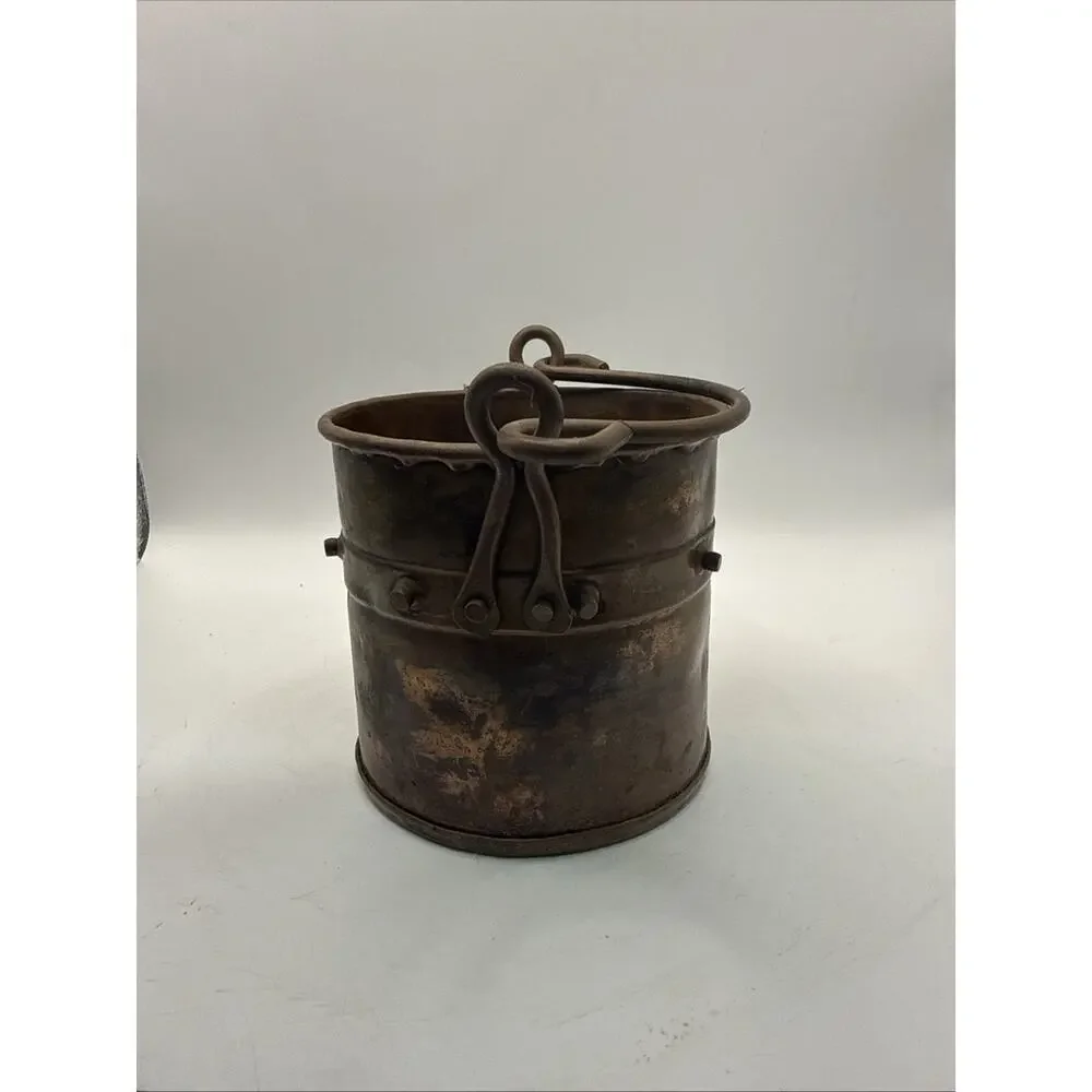 Antique Hand Hammered Copper Riveted Bucket With Iron Handles